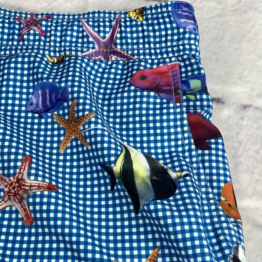 Bills Khakis Fish‎ AOP Swim Trunks Mens Size 2XL Mesh Lined Blue Gingham 6.5